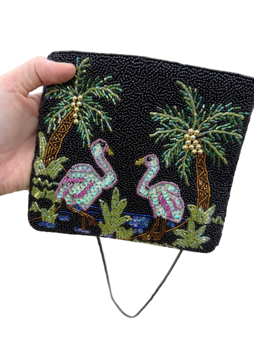 Vintage 6x7” Black Beaded Flamingo Crossbody Bag handmade purse